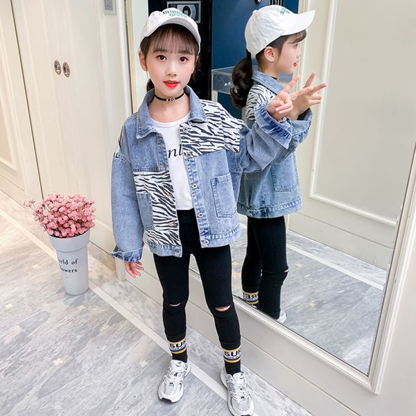 

girls denim jacket coat leopard girls coats patchwork girls jackets spring autumn kids clothes girl 6 8 10 12 14, Blue;gray
