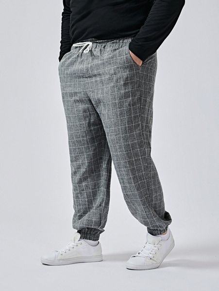 

extended sizes men grid print drawstring waist tapered pants e7dy#, Black