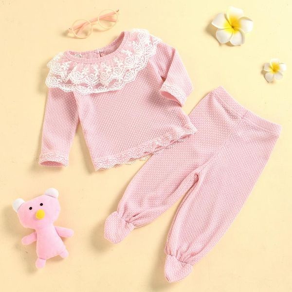 

clothing sets baby girls set knitted long sleeve solid lace + pants suit casual toddler 2pcs born clothes d20, White