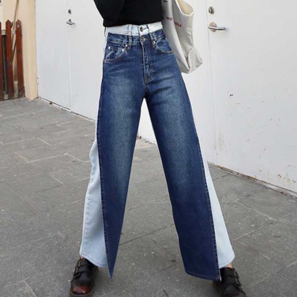

women's jeans fashion 2021 spring autumn contrast color fake two pieces high waist wide leg denim pants, Blue