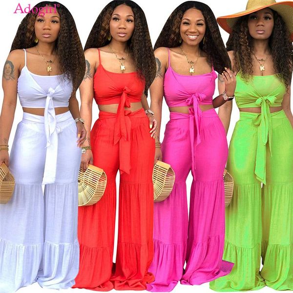 

adogirl solid women summer casual two piece set front tie spaghetti straps crop + wide leg pants holiday beach suit outfits women's tra, Gray