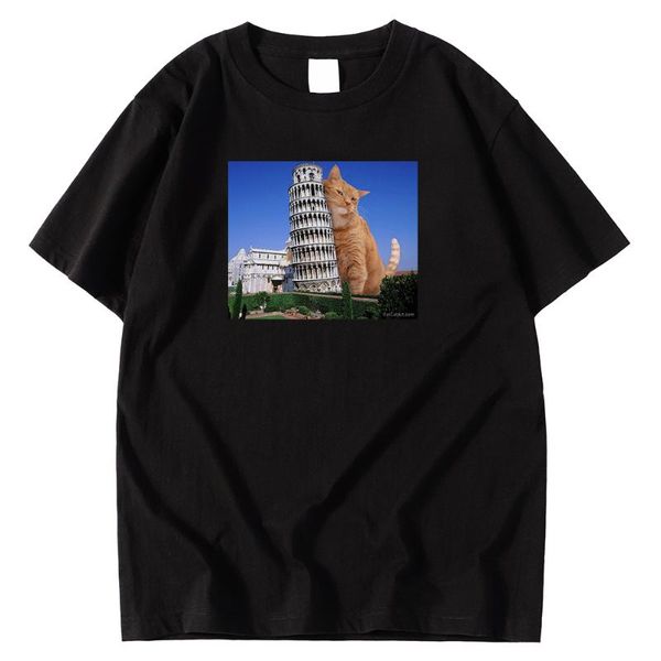 

torre pendente di pisa with cat print men's t-shirt round neck clothes plus size tshirt short sleeve mens t shirts t-shirts, White;black