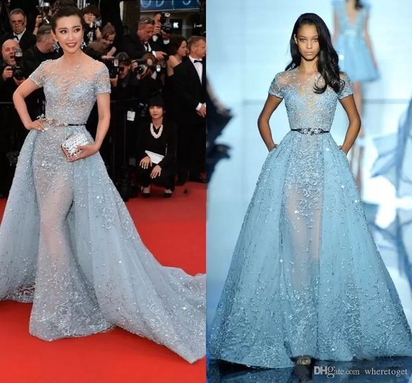 

li bingbing in zuhair murad red carpet evening dresses overskirts lace applique beads lace poet short sleeve formal prom celebrity gowns, Black;red