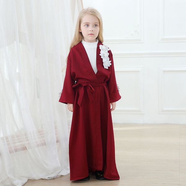 

2021 eid mubarak girls kaftan abaya dubai kimono turkey hijab muslim dress islam clothing abayas for kids robe musulman children, Red
