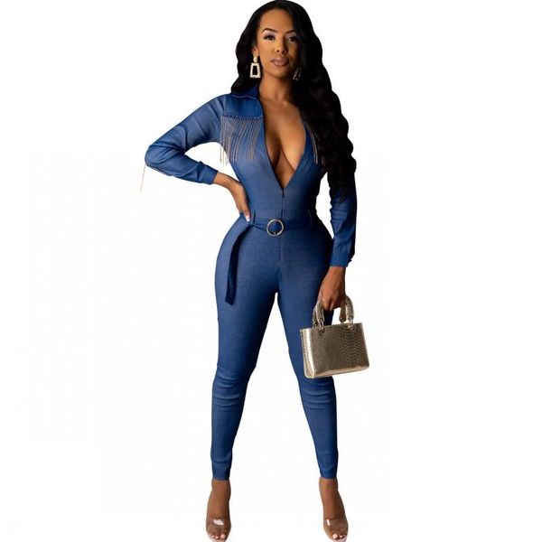 

women's jumpsuits & rompers solid denim tassel jumpsuit women deep v neck with sashes bodycon jeans 2021 autumn fashion blue black, Black;white