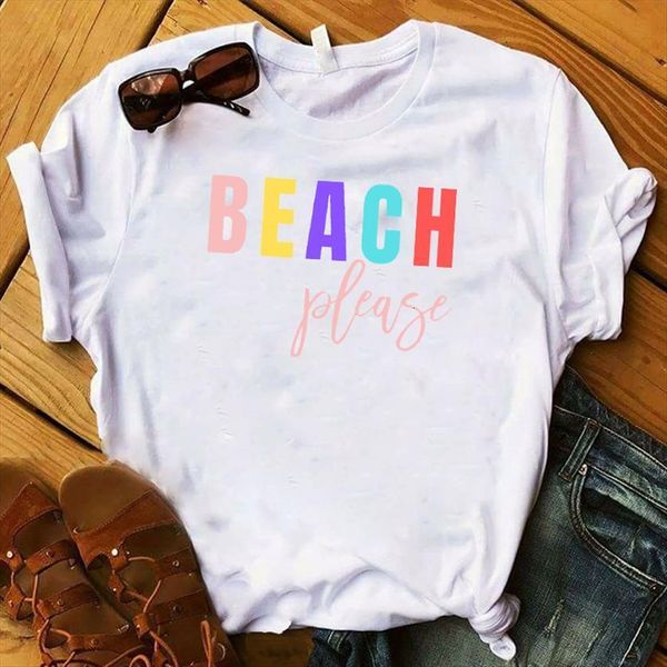 

beach please printed short sleeve women t shirt loose tee clothes graphic, White