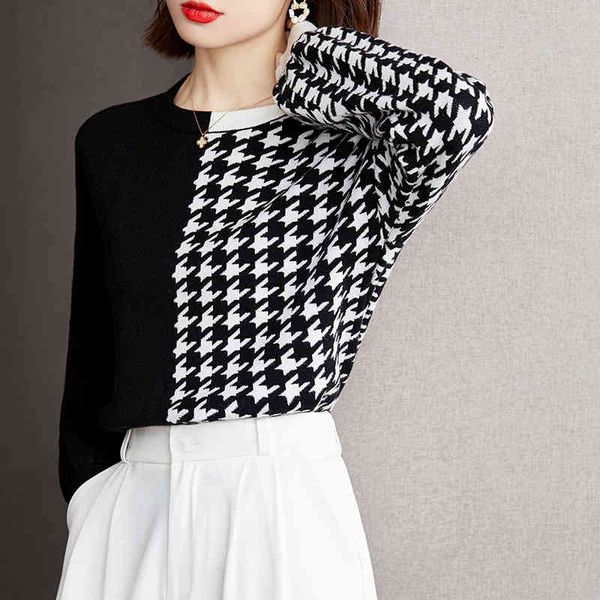 

women's sweaters qoerlin houndstooth female sweatshirt asymmetrical to the neck long sleeve couture sweaters knitted or crocheted autu, White;black