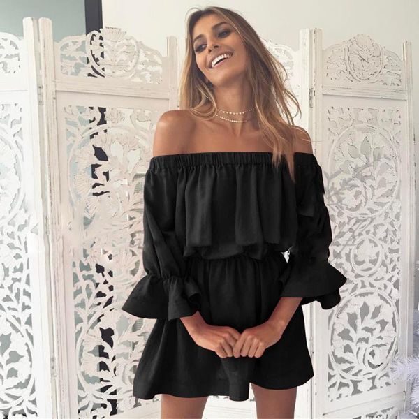 

casual dresses 2021 women flare sleeve off shoulder holiday dress ladies summer femme robe bodycon woman, Black;gray