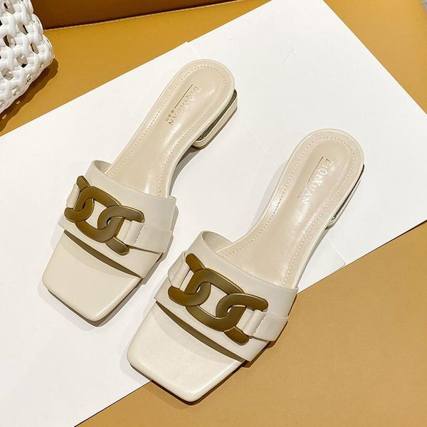 

slippers metal chain modern women 2021 summer beach shoes sandalias square toe plated heels slides flip flops large size 40/42, Black