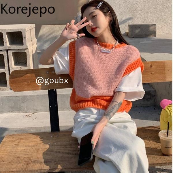 

women's vests korejepo women sweater 2021 spring autumn girls japanese sweet college style contrast color design loose round neck knitt, Black;white
