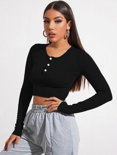 

button half placket crop tee b78a#, White