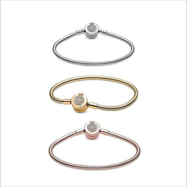

original 925 sterling silver snake chain pan bracelet shining crown o fit charms clips beads fashion jewelry f1205, Golden;silver