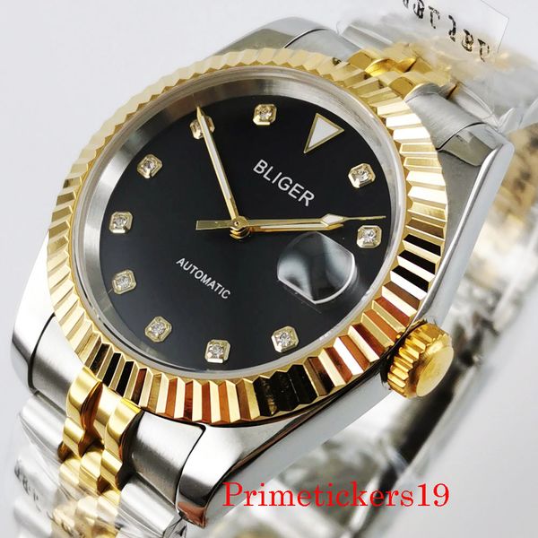 

bliger 39.5mm mechanical automatic men's watch miyota 8215 movement sapphire crystal date indicator jubilee band gold, Slivery;brown