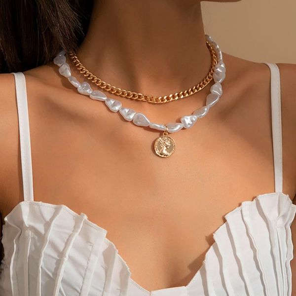 

pendant necklaces 2pcs/set irregular baroque imitation pearl curb choker necklace multi layered portrait carved coin jewelry, Silver