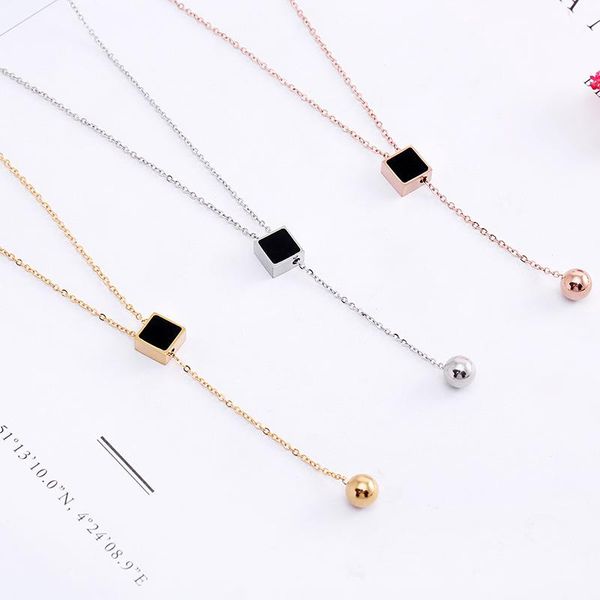 

chokers style square&ball tassel shape pendant black shell clavicle link chain necklace 316l stainless steel luxury women jewelry, Golden;silver