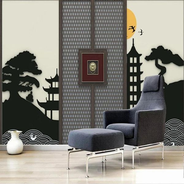 

wallpapers custom 3d mural chinese style screen mountain tower imitation door wallpaper non-woven living room wall background large po