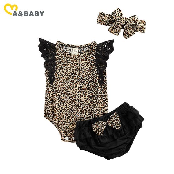 0–18 Monate geborenes Kleinkind-Baby-Kleidungsset, niedlicher Leoparden-Spitzenärmel-Strampler, Schleife, Bloomer, Shorts, Outfits, Sommerkostüme 210515