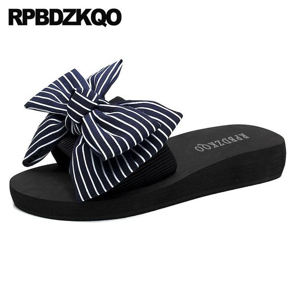 

slippers wedge wide fit shoes ladies high heel designer slides cute bow big size sandals knot low platform women summer plus, Black