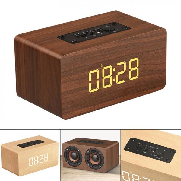 

mini speakers w5c 52mm double horn wooden 4.2 bluetooth-compatible alarm clock speaker with time display and aux for smartphone / pc