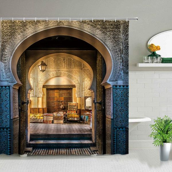 

shower curtains moroccan antique arched doors morocco yellow doorknob ornamental carved fabric bathroom decor set with hooks