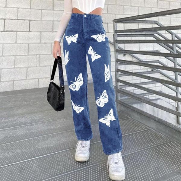 

women's jeans autumn fashion cute loose butterfly print straight high waist woman casual denim pants lady cotton trousers, Blue