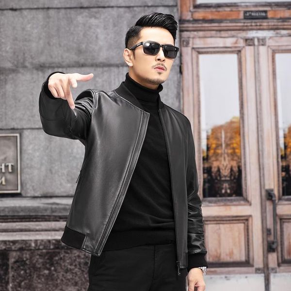 

men's leather & faux 100% genuine cowhide jackets male real cow jacket fashion clothing baseball uniform abrigo hombre gmm518, Black