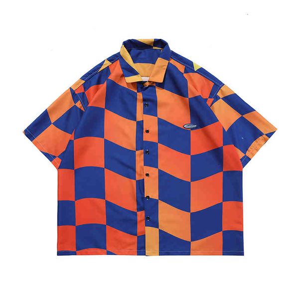 

men's t-shirts harajuku color match plaid hawaiian men and women high street checkered oversize short sleeve summer shirts u42h, White;black