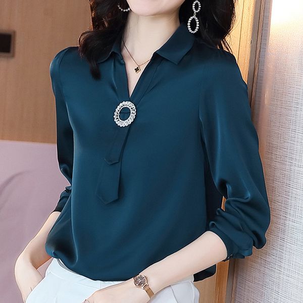 

korean silk shirts women long sleeve woman satin blouse fake tie blusas mujer de moda verano 210427, White
