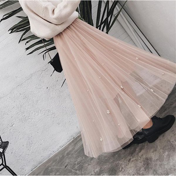 

skirts girls heavy work beaded fashion wild big mesh gauze skirt fresh sweety flower chiffon pleated korean women summer elegant pink, Black