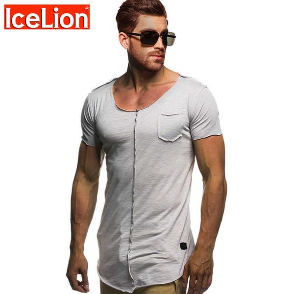 

icelion summer long t shirt men short sleeve fitness t-shirt fashion solid slim fit o neck tshirt men's hip hop streetwear 210629, White;black