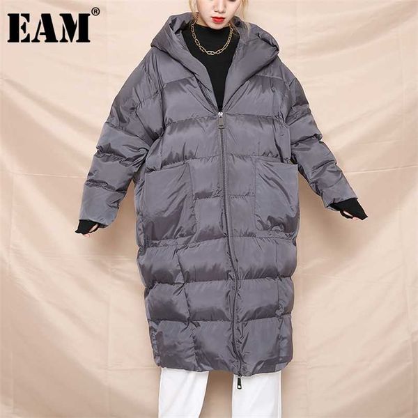 

[eam] gray oversized long hooded cotton-padded coat sleeve loose fit women parkas fashion autumn winter jd12102 211216, Black