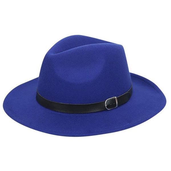 

wide brim hats panama leather belt hat women men solid cow boy felt outback female male cap 2021 fashion sunhat, Blue;gray