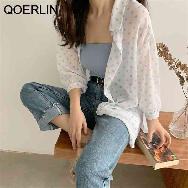 

polka dot summer chiffon sunscreen shirt women's air-conditioning loose see through white cardigan 210601