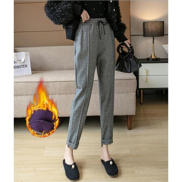 

winter fashion women plush casual woolen trousers ladies high waist pants women's & capris, Black;white
