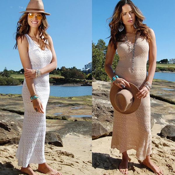 Damenbadebekleidung Frauen Strand Cover Up Böhmisches Kleid Sexy Weste Strickrock Hosenträger Lose Sonnencreme Bikini Dame Lässig Weiß Lang