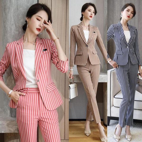 

fashion ladies pant suits for women business work wear clohtes pink striped blazer and jacket sets office uniform styles women's two pi, White