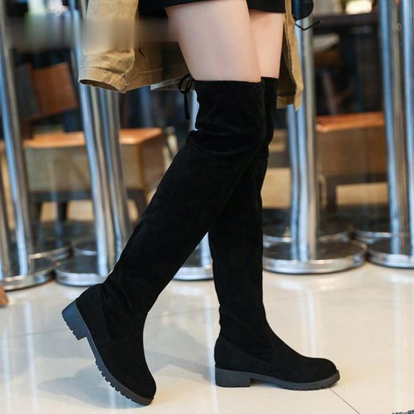 

size 34-41 winter over the knee boots women stretch fabric thigh high lace up woman flat shoes long, Black