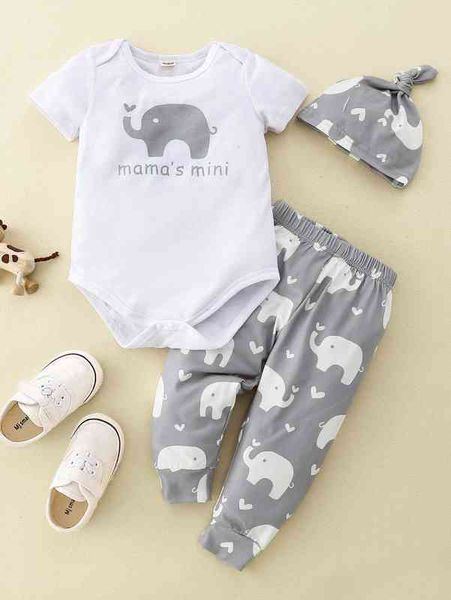 Şapka ile bebek fil harf grafik bodysuit sweatpants