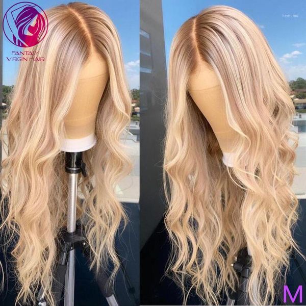 

human hair wavy wig golden blonde highlights color 13x4/13x6 lace front wigs remy long deep parting 150% 180%1, Black;brown