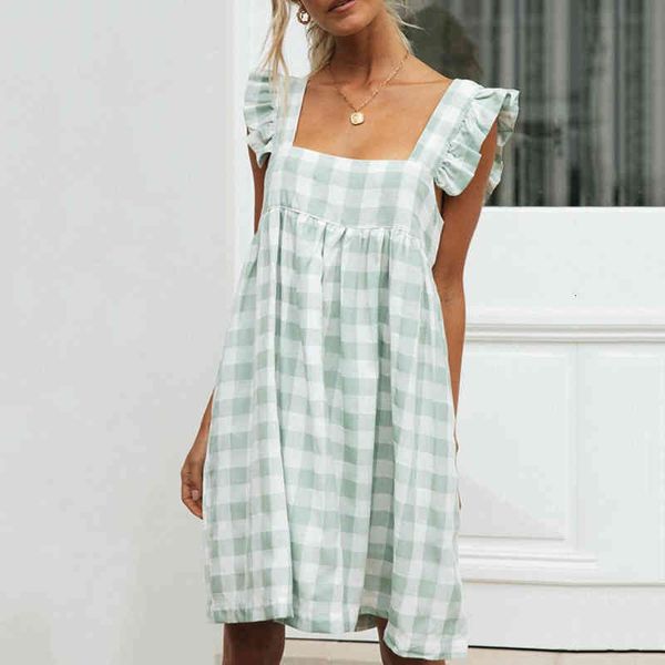 

casual dresses summer plaid square neck ruffle mini loose style female vestidos 2piz, Black;gray