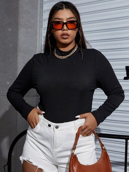 

plus rib knit mock neck bodysuit w5j2#, Black