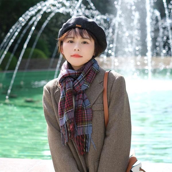 

scarves 2021 designer korean fashion women's autumn and winter warmth 100% pure wool ladies scarf plaid long fringed bib, Blue;gray