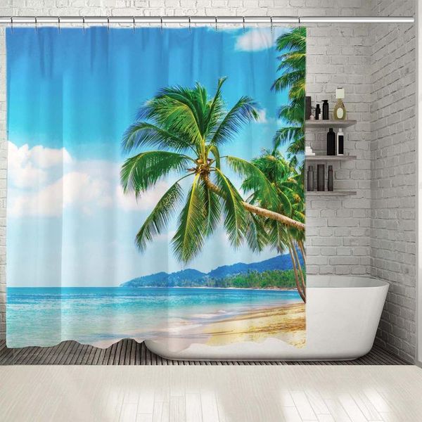 

shower curtains curtain tropical beach palms with around fluffy clouds on sky keep calm sea nature scenery green blue