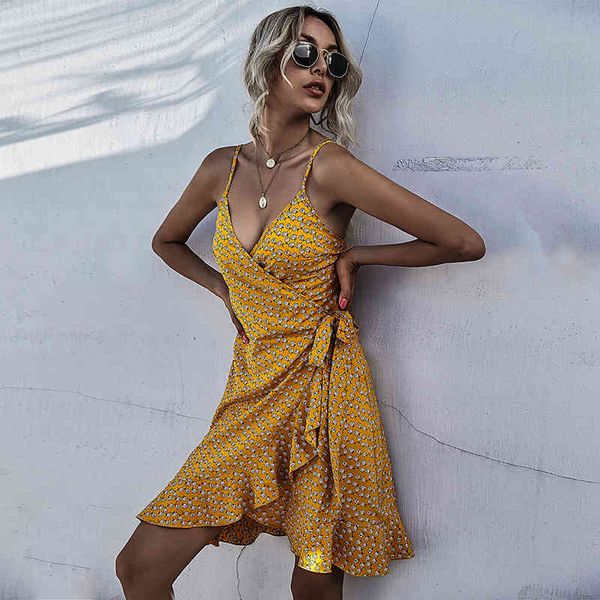 

ruffles dress summer wrapped print irregular ruffle sling dress women beach style dress for women vestido 210514, Black;gray