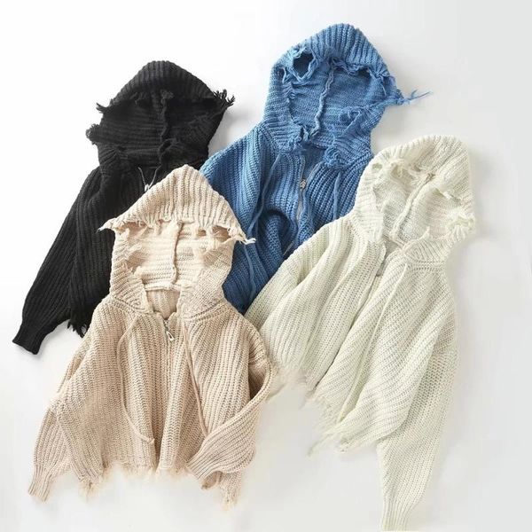 

women's jackets european and american style autumn winter loose comfortable warmth lazy wind zipper tassel knitted jacket, Black;brown