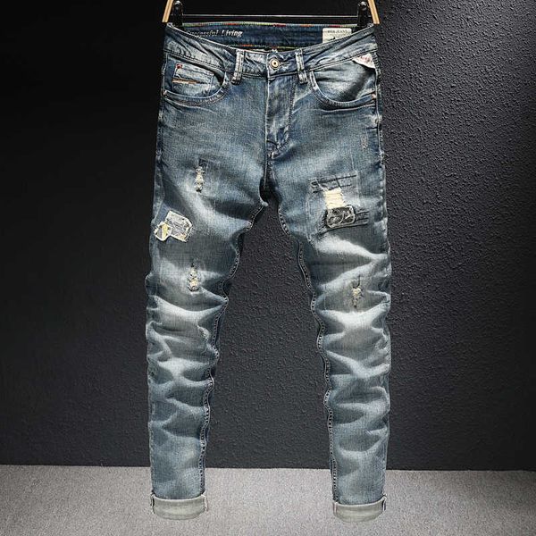 

italian vintage fashion men jeans retro blue elastic cotton slim fit ripped streetwear designer hip hop denim pants e3ln