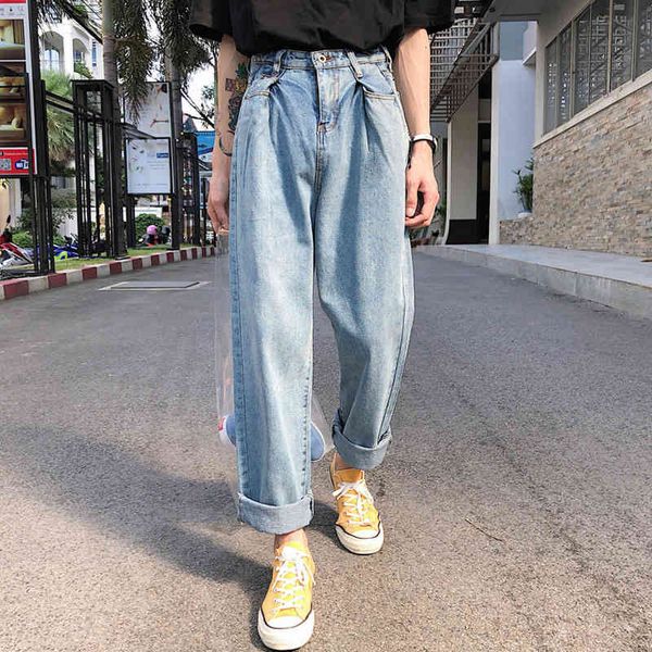 

men's jeans hong kong style denim trousers neutral japanese original wide pants straight through loose men's teenagers jeans ub51, Blue