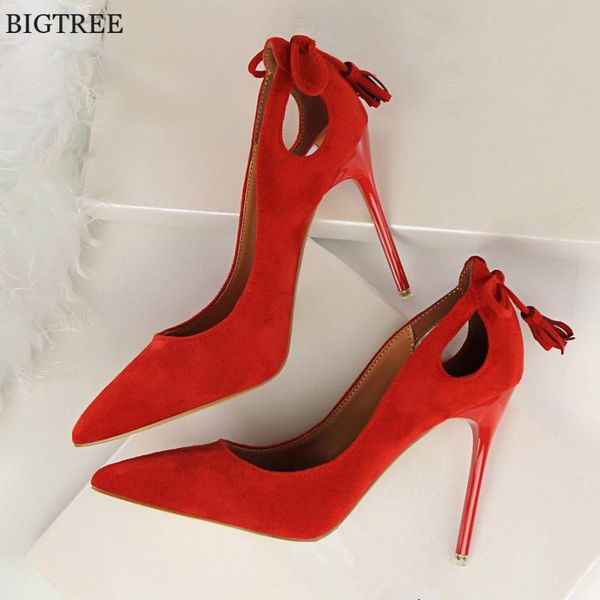 

dress shoes autumn cut-outs bowtie tassel high heels fashion solid flock shallow women pumps pointed toe ladies office, Black
