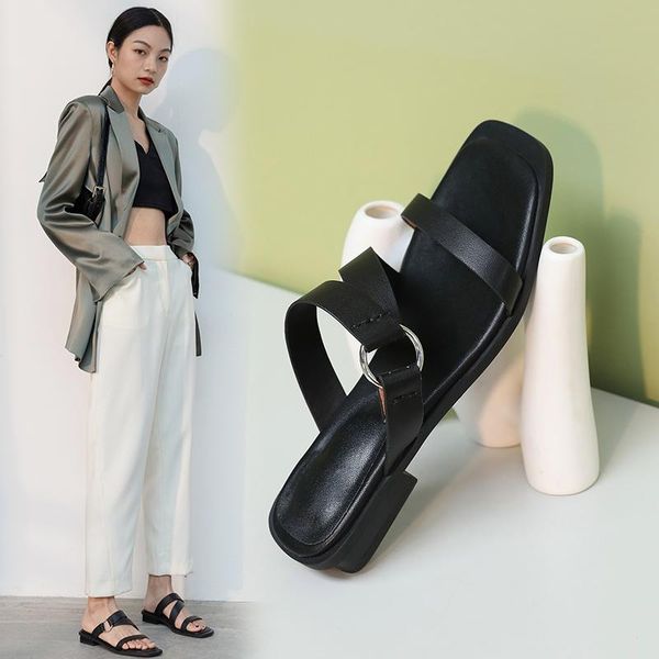 

slippers fashion summer slipper female genuine leather shoes woman 2021 est party casual low square heels sandals, Black