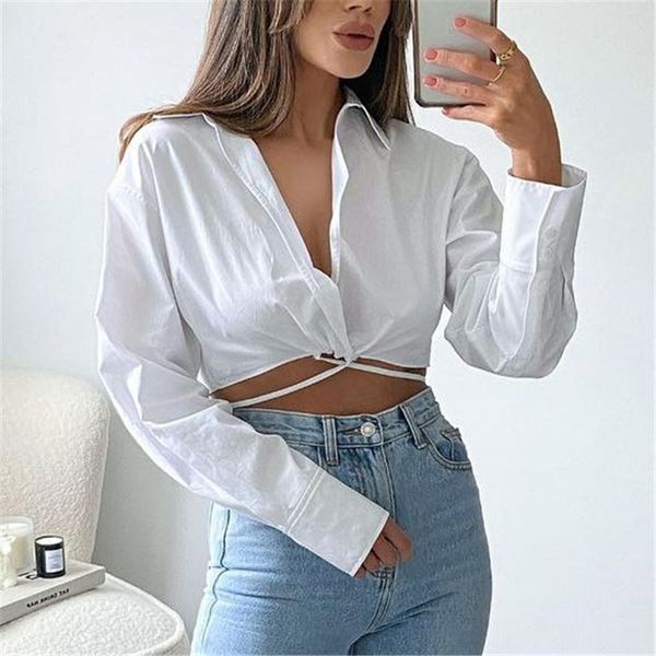 Sexy Crop Shirts Blusen Frauen Mode Casual Tops weibliche V-Ausschnitt White Long Sleeve Bluse 210430